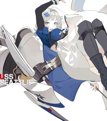  ahoge azur_lane black_gloves blue_jacket blush breasts character_name dress female fingerless_gloves fish_hair_ornament gloves grey_eyes grey_hair grey_socks gun hair_ornament jacket large_breasts looking_at_viewer nineo rigging seattle_(azur_lane) short_hair smile socks thighhighs turret uniform weapon white_dress 