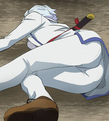  ass breasts female foot_out_of_frame han&#039;you_no_yashahime haruyama_kazunori higurashi_towa lying on_side short_hair solo sword weapon white_hair 