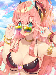  :p adjusting_eyewear aqua_eyes arm_up armlet armpits bare_shoulders bikini black_scrunchie blue_nails bracelet breasts cleavage cloud cloudy_sky day female fingernails gem hair_ornament hair_scrunchie halterneck hand_on_eyewear hand_up heart highres horns jewelry lens_flare long_fingernails long_hair medium_breasts multicolor-tinted_eyewear nail_polish outdoors photoshop_(medium) pink_hair ponytail princess_connect! rainbow-tinted_eyewear scrunchie sidelocks signature sky solo sunglasses suzuna_(princess_connect!) suzuna_(summer)_(princess_connect!) swimsuit tongue tongue_out two-tone_bikini upper_body v very_long_hair water_drop waterring wet wristband yellow-framed_eyewear 