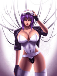  1girls belt breasts cleavage female female_only fingerless_gloves ghost_in_the_shell hourglass_figure jacket kusanagi_motoko large_breasts leotard looking_at_viewer purple_hair red_eyes simple_background sleeves_rolled_up solo standing svoidist thighhighs voluptuous white_legwear 