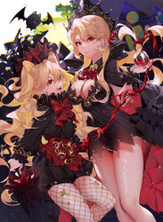  2girls absurdres ascot bat_(animal) black_cape black_dress black_shirt black_shorts blonde_hair blood bow bowtie breasts cape catalina_(clover_theater) chinese_commentary cleavage closed_umbrella clover_theater commentary_request corrupted_metadata crown cup dress drinking_glass feet_out_of_frame fishnet_pantyhose fishnets highres holding holding_cup holding_umbrella kodona koi_han lolita_fashion long_hair long_sleeves medium_breasts minodora_(clover_theater) multiple_girls oerba_yun_fang pantyhose parted_lips puffy_shorts red_ascot red_bow red_bowtie red_eyes shirt shorts skin_fang smile standing umbrella very_long_hair wine_glass wrist_cuffs 