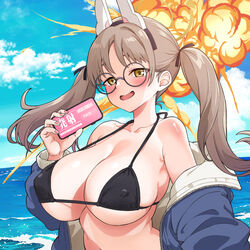  animal_ears bare_shoulders bikini black_bikini blue_archive blue_hoodie blush breasts brown_eyes brown_hair cellphone collarbone commentary_request covered_nipples cropped_hoodie curvy explosion fake_animal_ears female glasses halterneck hood hoodie huge_breasts jacket long_hair looking_at_viewer micro_bikini moe_(blue_archive) moe_(swimsuit)_(blue_archive) ocean official_alternate_costume open_clothes open_hoodie open_jacket open_mouth orange_nails outdoors phone selfie sideboob sky smartphone smile solo souen_hiro swimsuit twintails underboob upper_body 