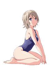  arm_support backlighting bare_legs barefoot blue_eyes blue_one-piece_swimsuit breasts chinese_commentary closed_mouth commentary_request competition_swimsuit covered_navel feet female fish.boy from_side full_body grey_hair hair_between_eyes highleg highleg_swimsuit highres invisible_chair leaning_forward legs light_smile looking_to_the_side love_live! love_live!_sunshine!! medium_breasts one-piece_swimsuit own_hands_together parted_bangs sideboob simple_background sitting solo straight_hair swept_bangs swimsuit v_arms wariza watanabe_you white_background 