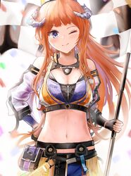  ;) absurdres arknights bad_id bad_pixiv_id bagpipe_(arknights) bagpipe_(queen_no._1)_(arknights) bare_shoulders black_gloves blue_eyes blue_shorts breasts checkered_flag cleavage clothing_cutout commentary_request cowboy_shot crop_top female fingerless_gloves flag gloves hachiko_(0088) highres holding holding_flag horns long_hair long_sleeves looking_at_viewer midriff navel official_alternate_costume one_eye_closed orange_hair partial_commentary pouch race_queen short_shorts shorts shoulder_cutout showgirl_skirt small_breasts smile solo standing stomach 