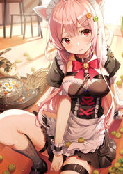  animal_ears apron arm_support bell black_dress black_footwear blush bow bowtie breasts cat_ears choker cleavage commentary_request dress feline female frilled_dress frills girls&#039;_frontline hair_between_eyes hair_ornament hairclip highres jingle_bell large_breasts long_hair looking_at_viewer maid maid_headdress mary_janes neck_bell photoshop_(medium) pink_hair rangu red_eyes ribbed_legwear shoes sidelocks sitting solo tearing_up thigh_strap thighs ukm-2000_(girls&#039;_frontline) very_long_hair wrist_cuffs 