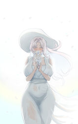  absurdres bare_shoulders blue_eyes blush breasts covered_navel curvy dress dryseaweed female flower highres holding holding_flower korean_commentary large_breasts last_origin long_hair looking_at_viewer mature_female mnemosyne_(last_origin) pink_hair solo standing thick_thighs thighs white_background white_dress white_flower white_headwear wide_hips 