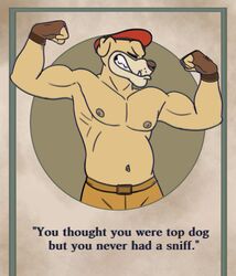  2022 anthro belly belt biceps bottomwear bulldog canid canine canis card card_template closed_eyes clothed clothing cuphead_(game) domestic_dog english_text fighter_pilot_bulldog fingerless_gloves flexing flexing_bicep flexing_both_biceps gloves handwear hat headgear headwear hi_res lewd_latte male mammal mastiff molosser musclegut muscular muscular_anthro muscular_male navel nipples pants pecs simple_background smile smirk snout solo text topless 