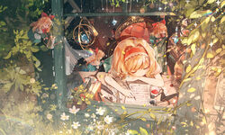  alice_margatroid armillary_sphere blanket blonde_hair blue_dress capelet chair closed_eyes commentary_request covering_with_blanket doll dress feathers female flower hairband highres ink mixed-language_commentary open_window pen plant puffy_short_sleeves puffy_sleeves rokusai shanghai_doll short_sleeves sleeping static_world tea touhou vines window 