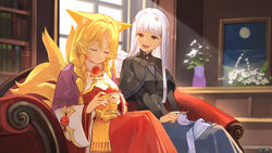  2girls :d airi_ganguru angel_wings animal_ears black_capelet black_dress blonde_hair bookshelf braid breasts brown_eyes capelet cleavage closed_eyes copyright_name couch dairoku_ryouhei dress facial_mark flower forehead_mark fox_girl highres indoors kitsune knitting kyuubi long_hair long_sleeves looking_at_another mithria_librarian multiple_girls multiple_tails painting_(object) red_dress scarf sitting small_breasts smile sunlight tail tian_zhi_shi_shi twin_braids vase whisker_markings white_wings wide_sleeves window wings yellow_scarf 