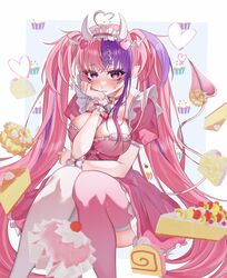  absurdres ahoge asymmetrical_legwear belt blush breasts cake chain_belt choker demon_girl demon_horns demon_tail demon_wings female food fushi_yohaku hair_ornament head_wings heart heart_ahoge heart_hair_ornament heterochromia highres horns ironmouse ironmouse_(demon_form) large_breasts long_hair looking_at_viewer maid maid_headdress multicolored_hair o-ring o-ring_choker pink_belt pink_choker pink_eyes pink_hair pink_thighhighs purple_eyes purple_hair streaked_hair tail thighhighs twintails virtual_youtuber vshojo white_thighhighs white_wrist_cuffs wings wrist_cuffs 