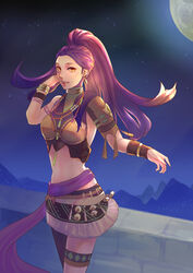  :d asymmetrical_legwear asymmetrical_sleeves bracelet commentary_request crop_top female fire_emblem fire_emblem:_three_houses floating_hair high_ponytail highres jewelry long_hair midriff miniskirt moon night open_mouth outdoors petra_macneary purple_hair riou_(pooh920) sash skirt smile solo standing stomach thigh_strap uneven_legwear uneven_sleeves very_long_hair white_skirt 