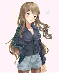  :d bad_id bad_pixiv_id breasts brown_eyes brown_hair brown_pantyhose cleavage closed_mouth female gimnang girls&#039;_frontline grey_jacket grey_shorts hair_ornament hand_in_pocket heart jacket k2_(girls&#039;_frontline) long_hair long_sleeves looking_at_viewer military military_uniform open_mouth pantyhose pink_background shorts simple_background smile solo spoken_heart uniform 