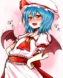  ascot bat_wings blue_hair blush brooch commentary_request female flapping hands_on_own_hips hat jewelry nose_blush red_eyes remilia_scarlet roki_(hirokix) short_hair smug solo sparkle touhou upper_body wings 