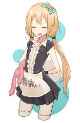  bad_id bad_pixiv_id blonde_hair bow bullfalk clothes_writing female futaba_anzu hair_tubes hairbow idolmaster idolmaster_cinderella_girls long_hair maid open_mouth solo stuffed_animal stuffed_rabbit stuffed_toy thighhighs translated very_long_hair 