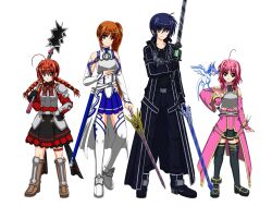  1boy 3girls ahoge alternate_color alternate_weapon armor asuna_(sao) asuna_(sao)_(cosplay) bare_shoulders black_hair blue_eyes boots braid breastplate brown_hair caro_ru_lushe chrono_harlaown commentary_request cosplay detached_sleeves dragon durandal_(nanoha) ebon_dagger faulds fingerless_gloves friedrich_(nanoha) gloves graf_eisen holding holding_mace holding_sword holding_weapon kirito kirito_(cosplay) lisbeth_(sao) lisbeth_(sao)_(cosplay) long_hair lyrical_nanoha mace mahou_shoujo_lyrical_nanoha_strikers mini_dragon multiple_girls pina_(sao) pink_hair purple_eyes raising_heart red_hair s2u sanarii sheath short_hair shoulder_armor side_ponytail silica silica_(cosplay) skirt spiked_mace spikes sword sword_art_online takamachi_nanoha thighhighs twin_braids unsheathed vita_(nanoha) weapon white_background zettai_ryouiki 