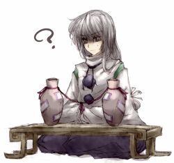  ? androgynous bad_id bad_pixiv_id bottle female grey_eyes grey_hair japanese_clothes jar kariginu mononobe_no_futo rhapsode simple_background solo table touhou 