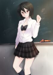  arm_up bad_id bad_pixiv_id black_bra black_hair black_socks blush bra breasts brown_eyes chalk chalkboard cleavage commentary_request dress_shirt eraser female highres inaba_himeko kneehighs kokoro_connect medium_breasts open_clothes open_shirt plaid plaid_skirt pleated_skirt school_uniform shirt short_hair skirt socks solo underwear uniform white_shirt yamaboshi_private_high_school_uniform yuuki_kazuhito 