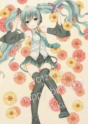  aqua_eyes aqua_hair bad_id bad_pixiv_id female flower hatsune_miku long_hair looking_at_viewer lying mizutamako smile solo thighhighs twintails very_long_hair vocaloid zettai_ryouiki 