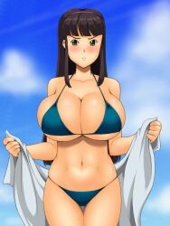  bare_shoulders bikini black_hair blush breasts cleavage female female frown green_eyes hairband huge_breasts kawanuma_uotsuri long_hair navel original solo swimsuit thigh_gap towel underboob 