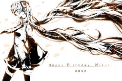  absurdly_long_hair commentary_request female hatsune_miku long_hair monochrome rituiti smile solo twintails very_long_hair vocaloid wind 