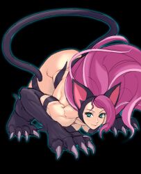  all_fours alternate_color animal_ears animal_hands aqua_eyes ass big_hair black_background black_fur black_theme breasts cat_ears cat_tail claws closed_mouth commentary_request felicia_(vampire) female green_eyes hairband large_breasts long_hair looking_at_viewer muscular muscular_female photoshop_(medium) pink_hair simple_background slit_pupils smile solo tail tetsu_(kimuchi) vampire_(game) 