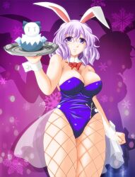  animal_ears bare_shoulders bow bowtie breasts cirno cleavage commentary_request detached_collar female fishnet_pantyhose fishnets huge_breasts letty_whiterock light_purple_hair pantyhose photoshop_(medium) playboy_bunny purple_eyes rabbit_ears short_hair smile snowman solo suzuki_sakura thick_thighs thighs touhou tray wrist_cuffs 