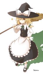  blonde_hair bow braid broom commentary_request female hat hat_bow highres holding kirisame_marisa long_hair one_eye_closed single_braid solo touhou white_bow witch_hat yellow_eyes yutamaro 