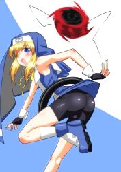  1boy arc_system_works ass bike_shorts blonde_hair blue_eyes blush bridget bulge crossdressing fingerless_gloves gloves guilty_gear habit highres long_hair male male_focus nagiichi nun open_mouth smile solo trap wink yo-yo yoyo 