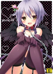  :d aono_ribbon bad_id bad_pixiv_id bare_shoulders black_panties black_thighhighs black_wings blush brown_eyes chains cleavage_cutout clothing_cutout collar cover cover_page elbow_gloves female garter_straps gloves grey_hair hair_ornament hairclip heart heart_cutout idolmaster idolmaster_cinderella_girls koshimizu_sachiko navel open_mouth panties pantyshot photoshop_(medium) polka_dot polka_dot_background short_hair sitting skirt smile solo striped thighhighs underwear upskirt wings 