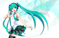  aqua_eyes aqua_hair commentary female hatsune_miku highres kriss_sison lat_model_(mikumikudance) long_hair looking_at_viewer open_mouth skirt smile solo thighhighs twintails very_long_hair vocaloid zettai_ryouiki 