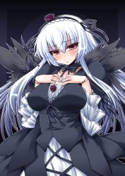  black_wings blush breasts commentary_request doll_joints dress female flower frills gothic_lolita hands_on_own_chest highres joints large_breasts lolita_fashion long_hair looking_at_viewer open_mouth purple_eyes rose rozen_maiden shinshin solo suigintou white_hair wings 