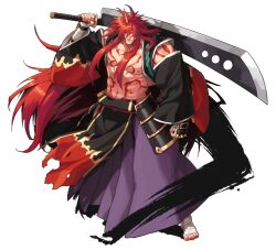  1boy commentary_request full_body hakama hakama_skirt horns huge_weapon japanese_clothes kyousaku long_hair male_focus muscular mygrimoire oni purple_hakama red_eyes red_hair satan_(mygrimoire) simple_background single_horn skirt solo sword tattoo topless_male very_long_hair weapon white_background 