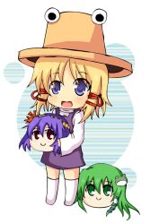  blonde_hair blue_eyes carrying chibi commentary_request female hair_ornament hat kochiya_sanae long_sleeves moriya_suwako open_mouth ribbon short_hair smile touhou wide_sleeves ximsol182 yasaka_kanako yukkuri_shiteitte_ne 