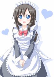  :d black_hair blue_eyes bow commentary_request female kagerou_(kers) long_hair maid maid_headdress miwa_ai open_mouth smile solo v_arms yuru_yuri 