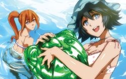  2girls ame_noti_hare ball beachball bikini black_hair blue_eyes blush breasts brown_hair commentary_request long_hair makise_kurisu medium_breasts metal_upa multiple_girls open_mouth painttool_sai_(medium) ponytail purple_eyes shiina_mayuri short_hair smile steins;gate swimsuit wading water 