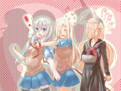  ! 3girls binbougami_ga! blonde_hair blue_eyes blush breasts cast commentary_request dual_persona envy grey_hair hair_over_one_eye heart hug hug_from_behind long_hair miniskirt momiji_(binbougami_ga!) multiple_girls pleated_skirt ponytail red_ribbon ribbon sakura_ichiko school_uniform seiko. serafuku skirt sweater_vest thighhighs triangular_headpiece very_long_hair yellow_eyes 