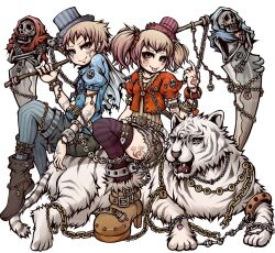  1boy :p belt boots bracelet brother_and_sister brown_eyes brown_hair chains cirque_du_monster female futago_no_shinigami_adam_&amp;_eva hat heart jewelry official_art photoshop_(medium) project.c.k. scythe short_hair shorts siblings sitting skeleton skull striped_clothes striped_thighhighs tattoo thighhighs tiger tongue tongue_out twins twintails white_background 