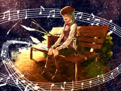  bad_id bad_pixiv_id bench closed_eyes feline female green_hair hat hatsune_miku highres long_hair musical_note open_mouth pietani397 shorts sitting smile solo twintails vocaloid 