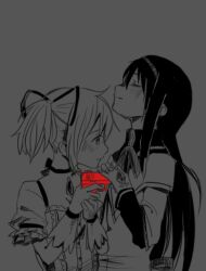  2girls akemi_homura akemi_homura_(magical_girl) bad_id bad_pixiv_id blush choker closed_eyes dark gloves grey_theme gun hair_ribbon hairband handgun height_difference kaname_madoka kaname_madoka_(magical_girl) long_hair magical_girl mahou_shoujo_madoka_magica mahou_shoujo_madoka_magica_(anime) monochrome multiple_girls profile ribbon short_hair simple_background spot_color twintails watanabe_ignica weapon 