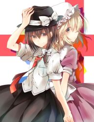  2girls bad_id bad_pixiv_id blonde_hair brown_eyes brown_hair hand_on_headwear hat hat_ribbon looking_at_viewer maribel_hearn miya_(tsumazukanai) multiple_girls necktie ribbon shirt smile touhou usami_renko white_shirt 