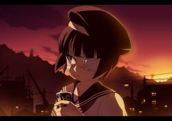  black_hair can canned_coffee commentary_request drink_can eyepatch female hat letterboxed original school_uniform serafuku short_hair solo tasaka_shinnosuke 