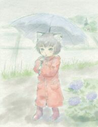  animal_ears bad_id bad_pixiv_id boots cat_ears chen female flower highres hydrangea no_headwear open_mouth rain raincoat rubber_boots saraband solo touhou traditional_media umbrella 