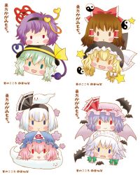  6+girls :d aoi_yuuka_(ao_no_kokoro) bat_wings blonde_hair blue_hair blush_stickers braid brown_hair commentary_request green_eyes grey_hair hair_tubes hairband hakurei_reimu hat hat_ribbon izayoi_sakuya kirisame_marisa komeiji_koishi komeiji_satori konpaku_youmu long_hair maid maid_headdress multiple_girls open_mouth pink_eyes pink_hair purple_hair red_eyes remilia_scarlet ribbon saigyouji_yuyuko short_hair single_braid smile third_eye touhou translated twin_braids white_hair wings yellow_eyes 