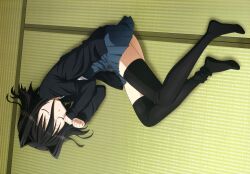  black_hair koi_to_senkyo_to_chocolate morishita_michiru nyantype seifuku short_hair sleeping thighhighs 