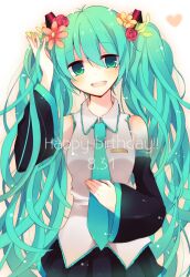  commentary_request detached_sleeves female flower green_eyes green_hair hair_flower hair_ornament happy_birthday hatsune_miku long_hair necktie shimotsuki_eri solo twintails very_long_hair vocaloid 