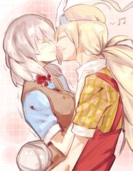  2girls binbougami_ga! blonde_hair blush closed_eyes commentary_request couple grey_hair happy hug imminent_kiss light_smile long_hair milk_puppy momiji_(binbougami_ga!) multiple_girls musical_note sakura_ichiko school_uniform triangular_headpiece yuri 