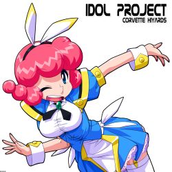  ;d bad_id bad_pixiv_id blue_eyes character_name copyright_name corvette_hiyards female hairband idol_project kamocham one_eye_closed open_mouth outstretched_arm photoshop_(medium) pink_hair short_hair skirt smile solo waitress white_background white_wrist_cuffs wrist_cuffs 