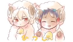  2boys bad_id bad_pixiv_id bell blush closed_eyes goat hakuryuu_(inazuma_eleven) inazuma_eleven_(series) inazuma_eleven_go lowres male_focus multiple_boys pippilipi red_eyes sheep shuu_(inazuma_eleven) 