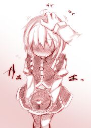  blush commentary_request crescent disembodied_hand embarrassed female hat headpat kazetto long_sleeves lunasa_prismriver monochrome open_mouth puffy_sleeves solo_focus touhou unworn_hat unworn_headwear 