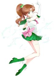  back_bow bad_id bad_pixiv_id bare_legs bishoujo_senshi_sailor_moon boots bow brown_hair choker earrings elbow_gloves female full_body gloves green_choker green_eyes green_footwear green_sailor_collar green_skirt hair_bobbles hair_ornament high_ponytail jewelry kino_makoto long_hair magical_girl pink_bow pleated_skirt ponytail sailor_collar sailor_jupiter sailor_senshi_uniform shoes skirt smile solo tanaka_(colorcorn) white_background white_gloves 